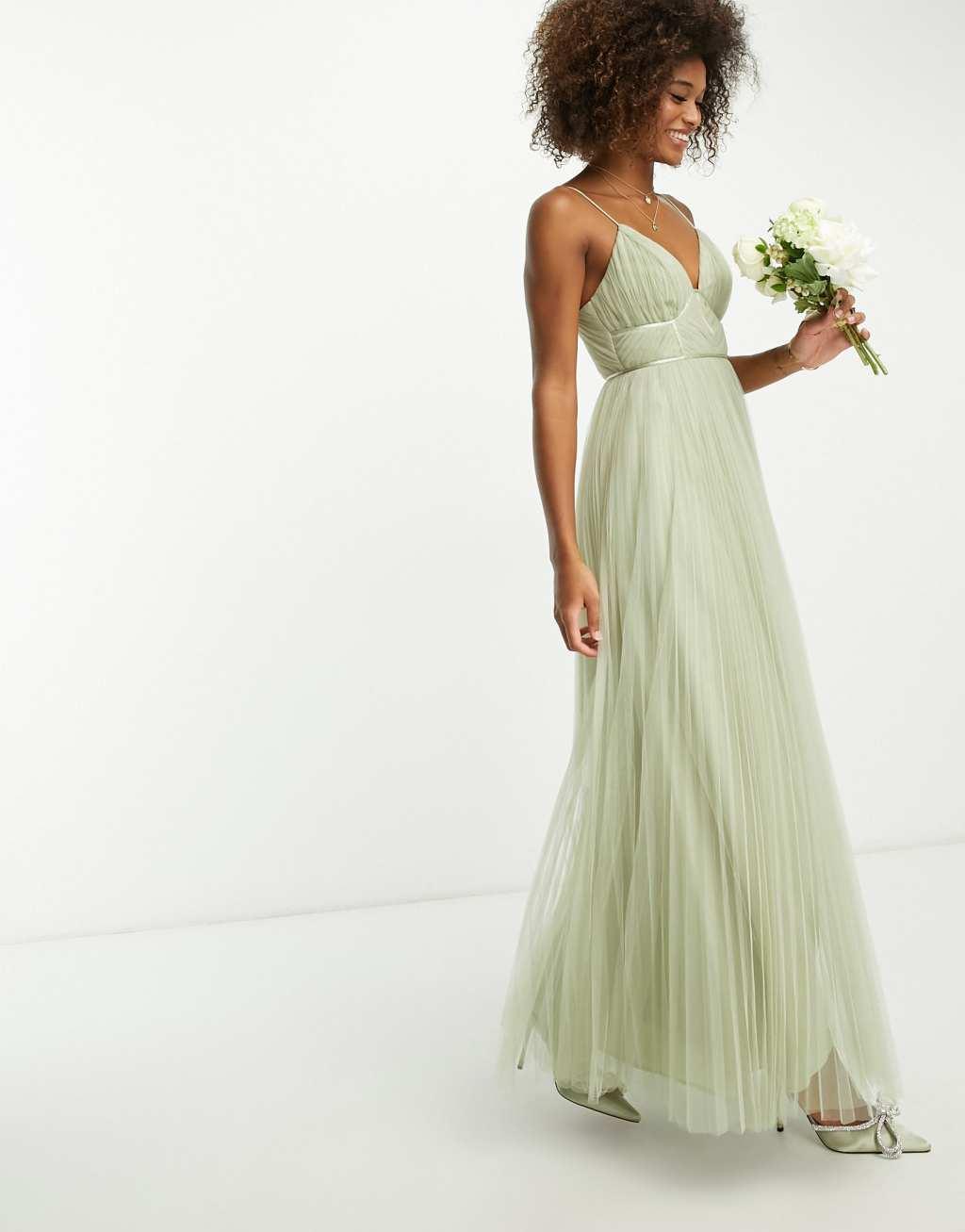 ASOS DESIGN Bridesmaid cami ruched bodice maxi dress with pleated skirt in sage Product Image