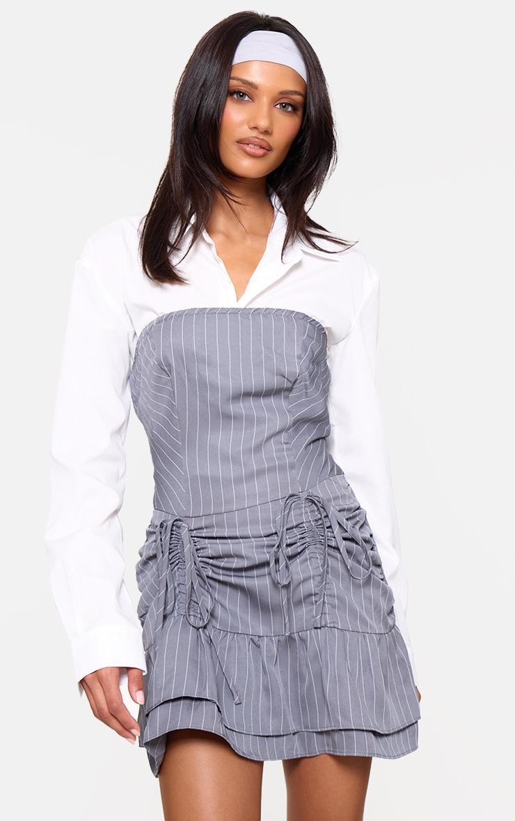 Grey Pinstripe Tailored Woven Ruched Tiered Shift Dress product image