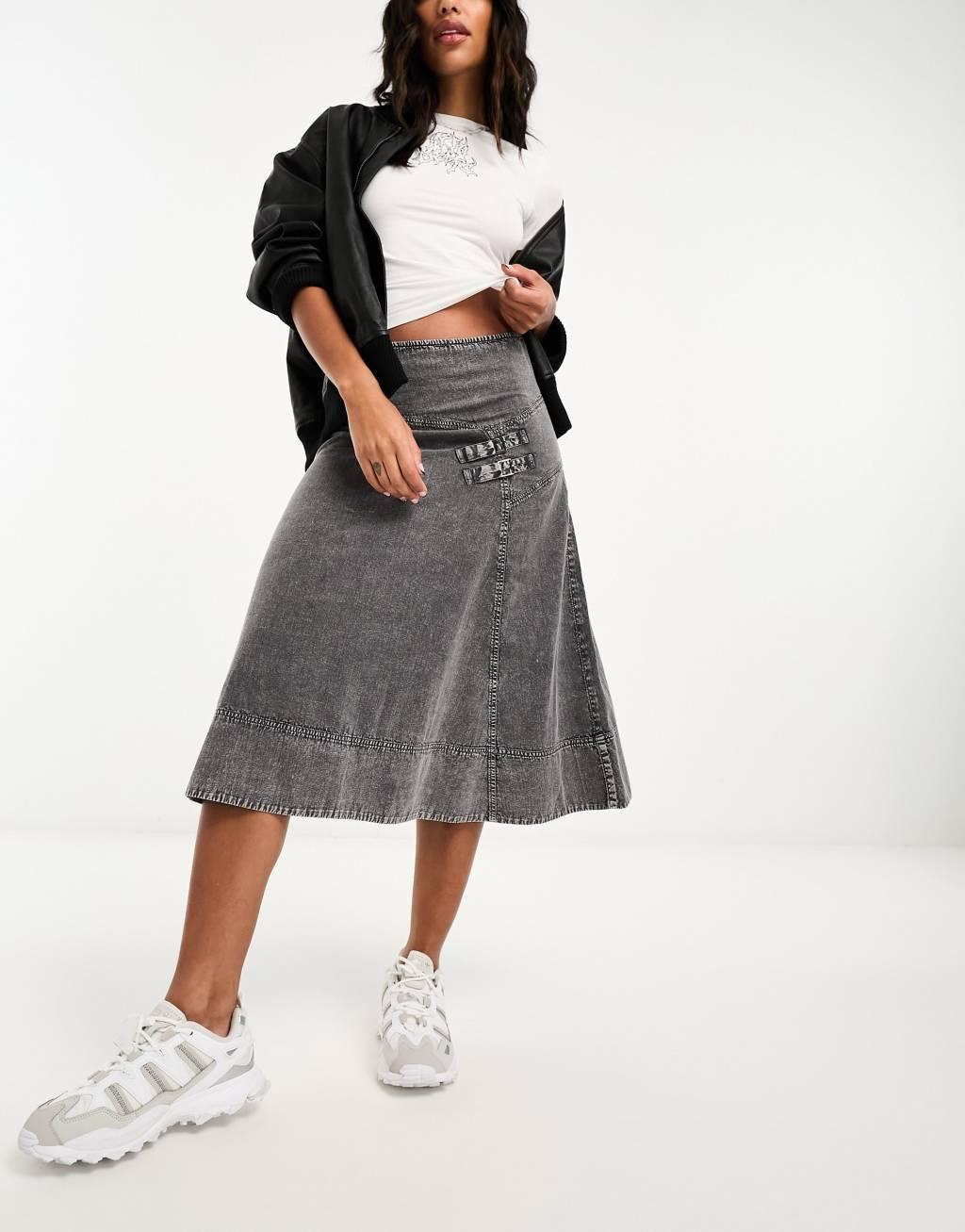 Reclaimed Vintage wash twill skirt with buckle detail Product Image