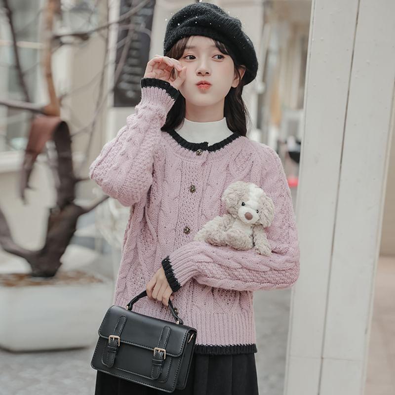 Round Neck Contrast Trim Cable Knit Cardigan Product Image