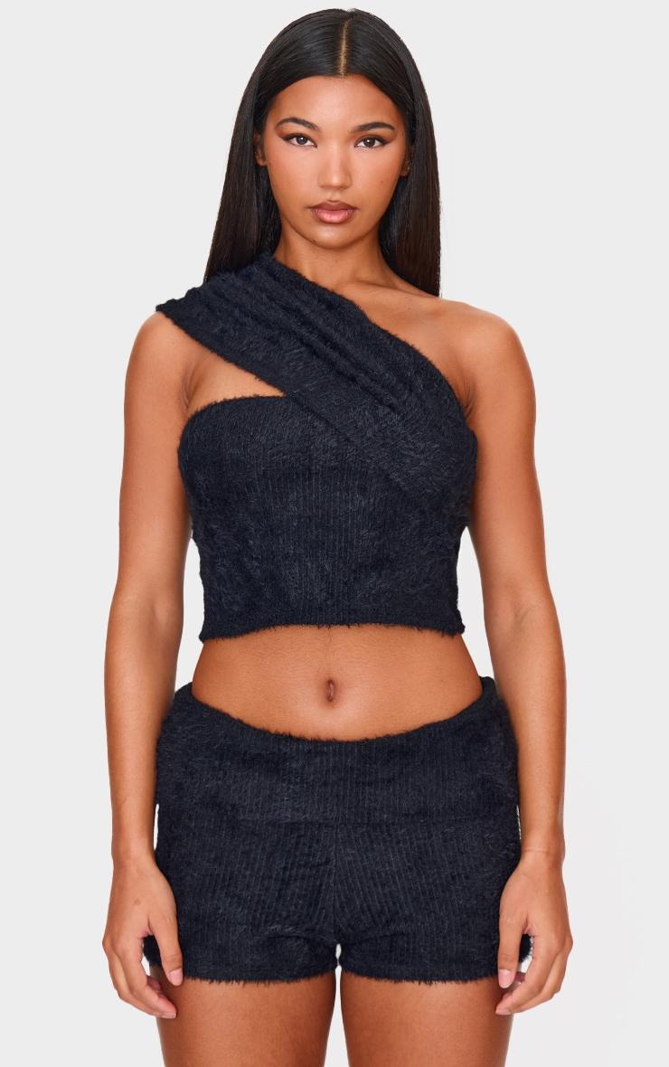 Black Fluffy Textured One Shoulder Top product image