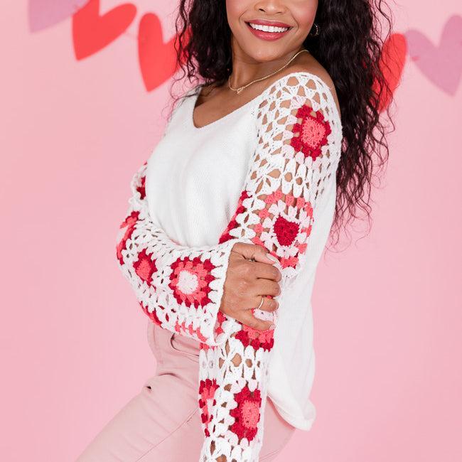 Hello Lover Pink And Ivory Crochet Heart Sleeve Sweater FINAL SALE Product Image