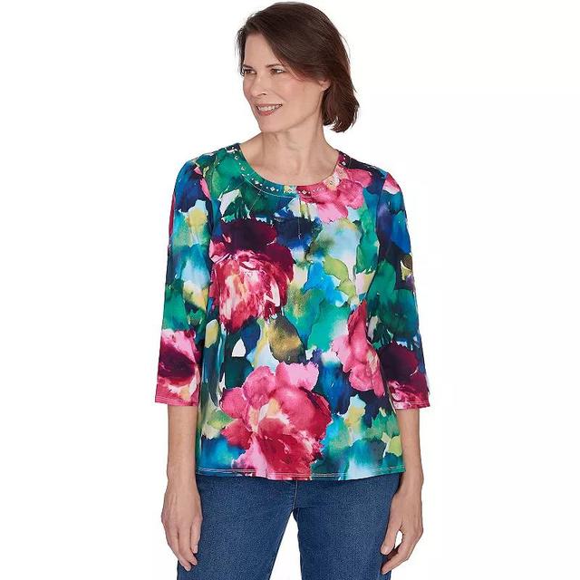 Petite Alfred Dunner Watercolor Floral Embellished Neck Top, Womens Product Image