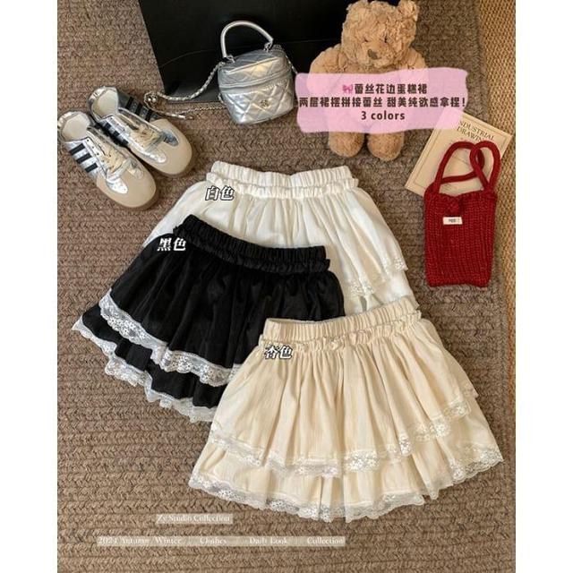 Elastic Waist Ruffle Lace Trim Velvet Mini A-Line Skirt Product Image