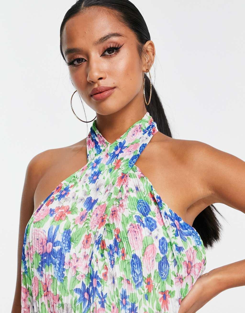 ASOS DESIGN Petite plisse halter mini dress in bright floral print  Product Image