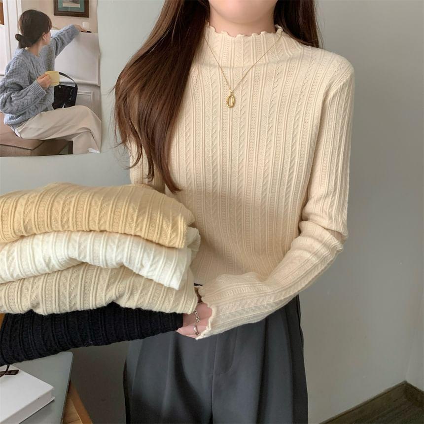 Long-Sleeve Mock Neck Plain Lettuce Edge Knit Top Product Image