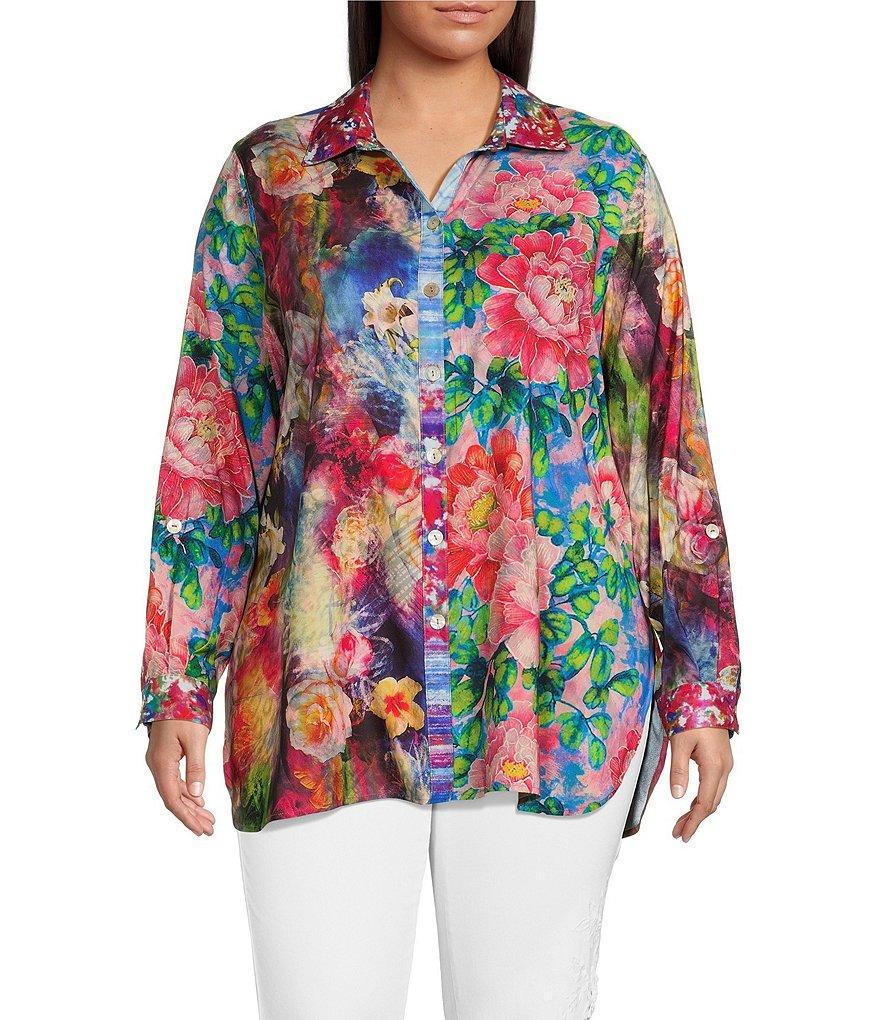 John Mark Plus Size Woven Mixed Floral Print Point Collar Roll-Tab Sleeve Button Front Tunic Product Image