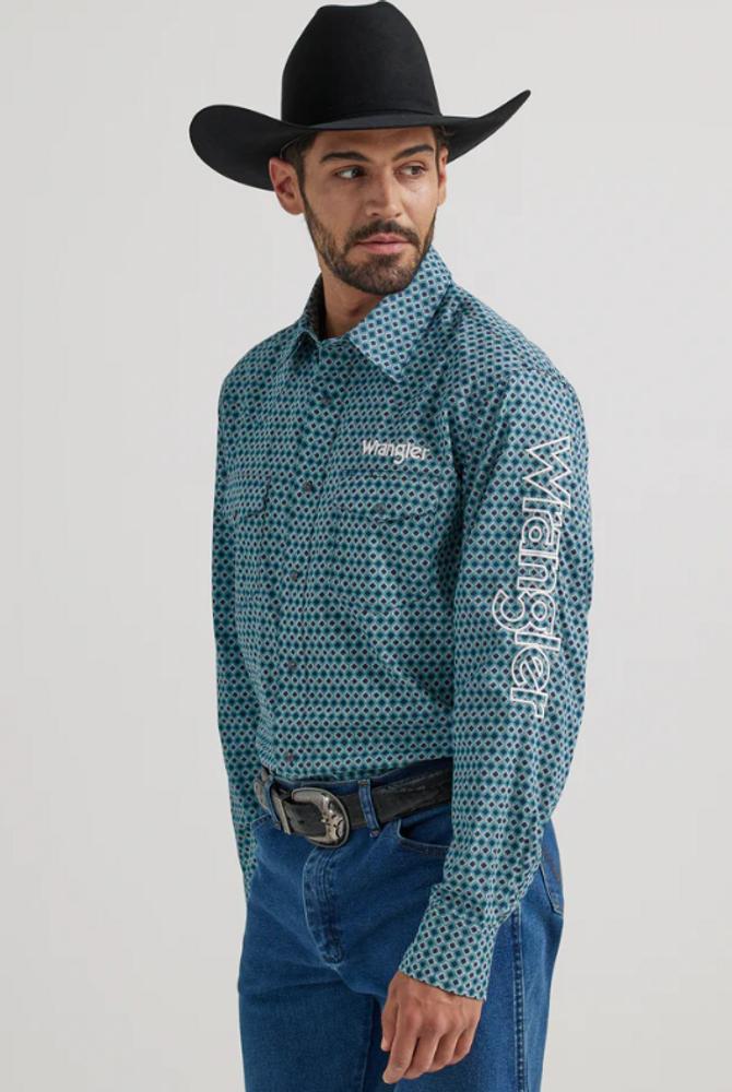 SALE Wrangler® Men's L/S Navy/Teal Pattern Button Shirt SIZE 2XL Product Image