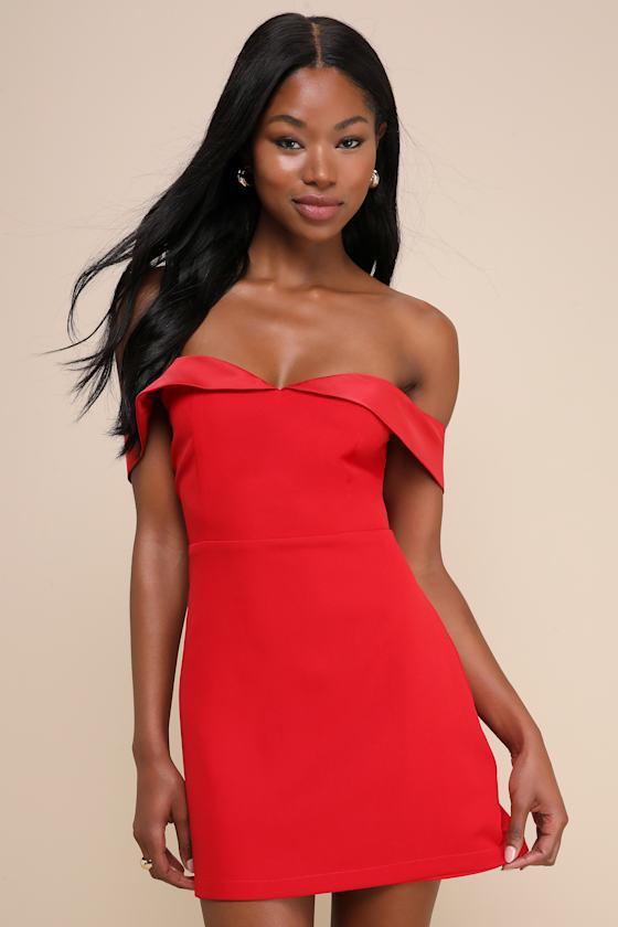 Truly Enticing Red Off-the-Shoulder Mini Dress Product Image