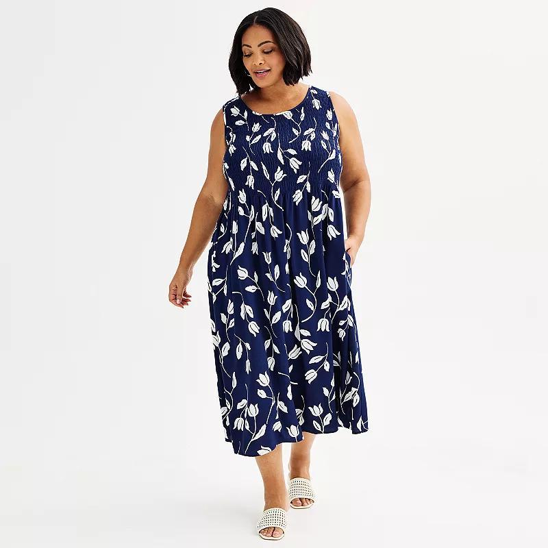 Plus Size Croft & Barrow Smocked Swing Midi Dress, Womens Med Blue Product Image