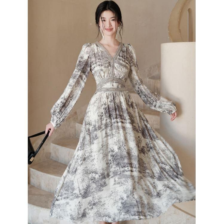 Long-Sleeve V-Neck Print Embellished Maxi A-Line Dress Product Image