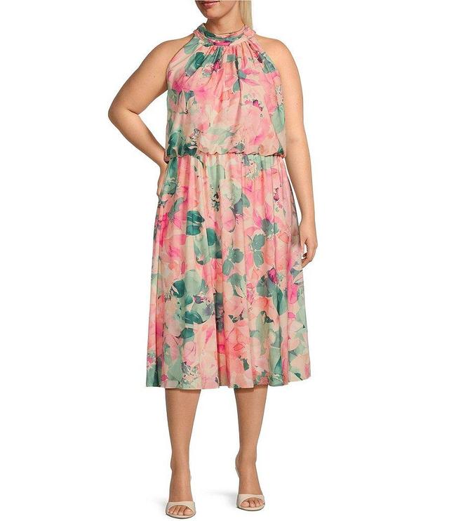 Adrianna Papell Plus Size Sleeveless Halter Neck Floral Printed Chiffon Midi Dress Product Image