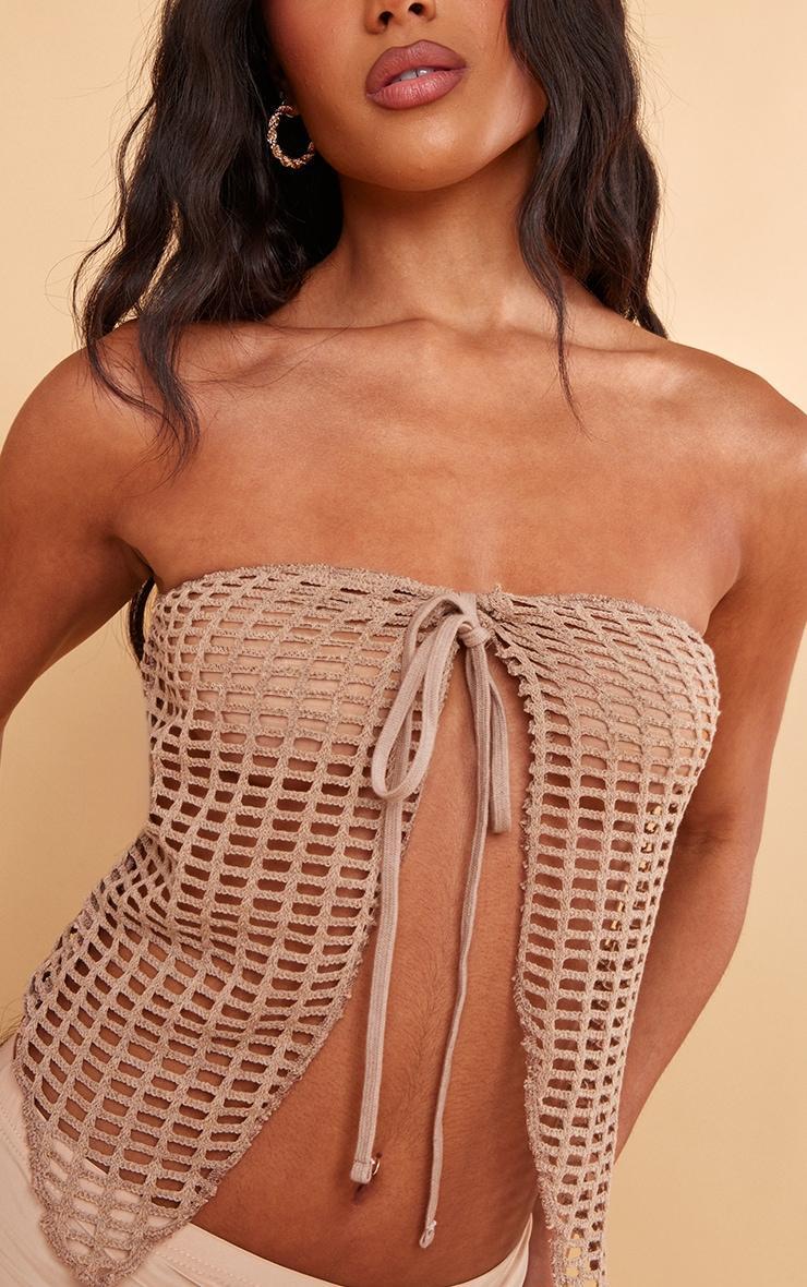 Pale Khaki Fishnet Crochet Split Front Bandeau Crop Top Product Image