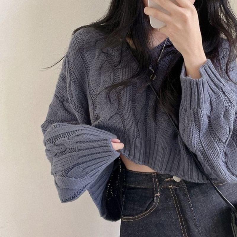 V-Neck Plain Cable-Knit Cropped Sweater Product Image