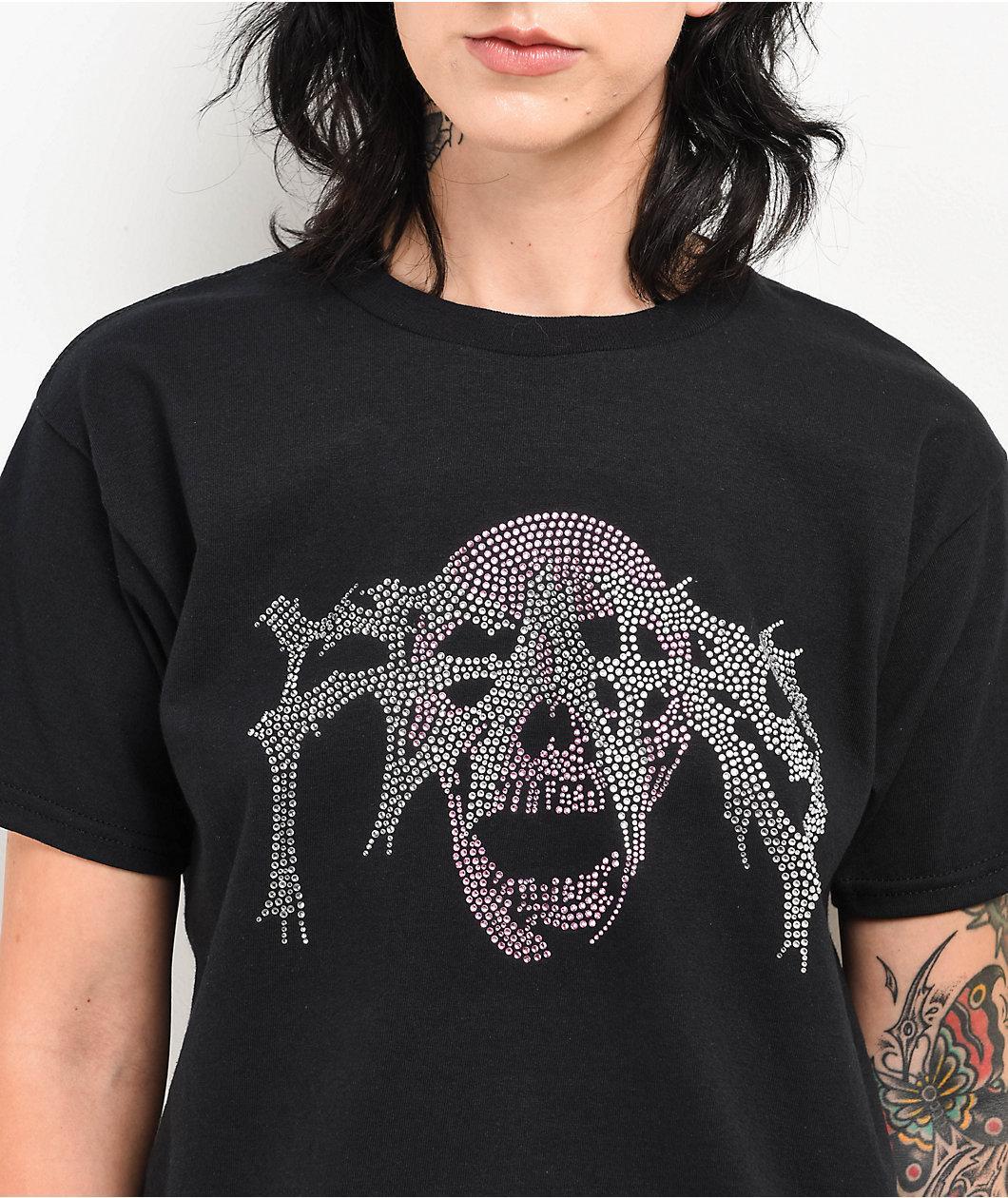 Personal Fears Pink Rhinestone Skull Black Crop T-Shirt Product Image