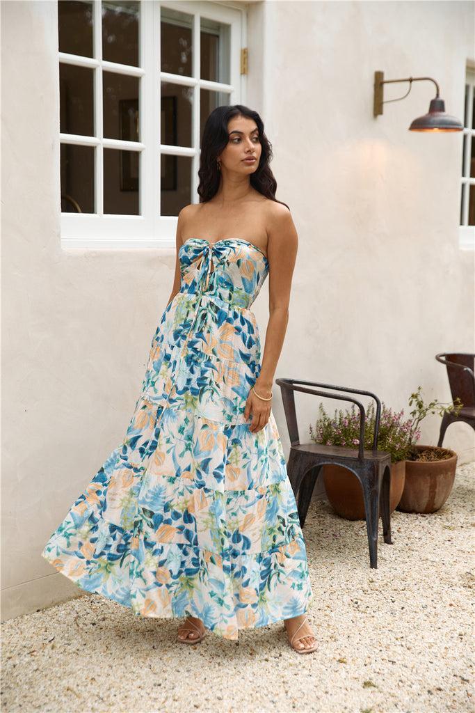 Rainforest Oasis Strapless Maxi Dress Blue Product Image