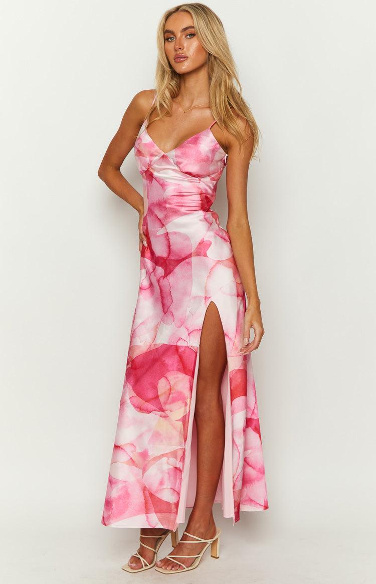 Lilie Pink Satin Print Maxi Dress Product Image