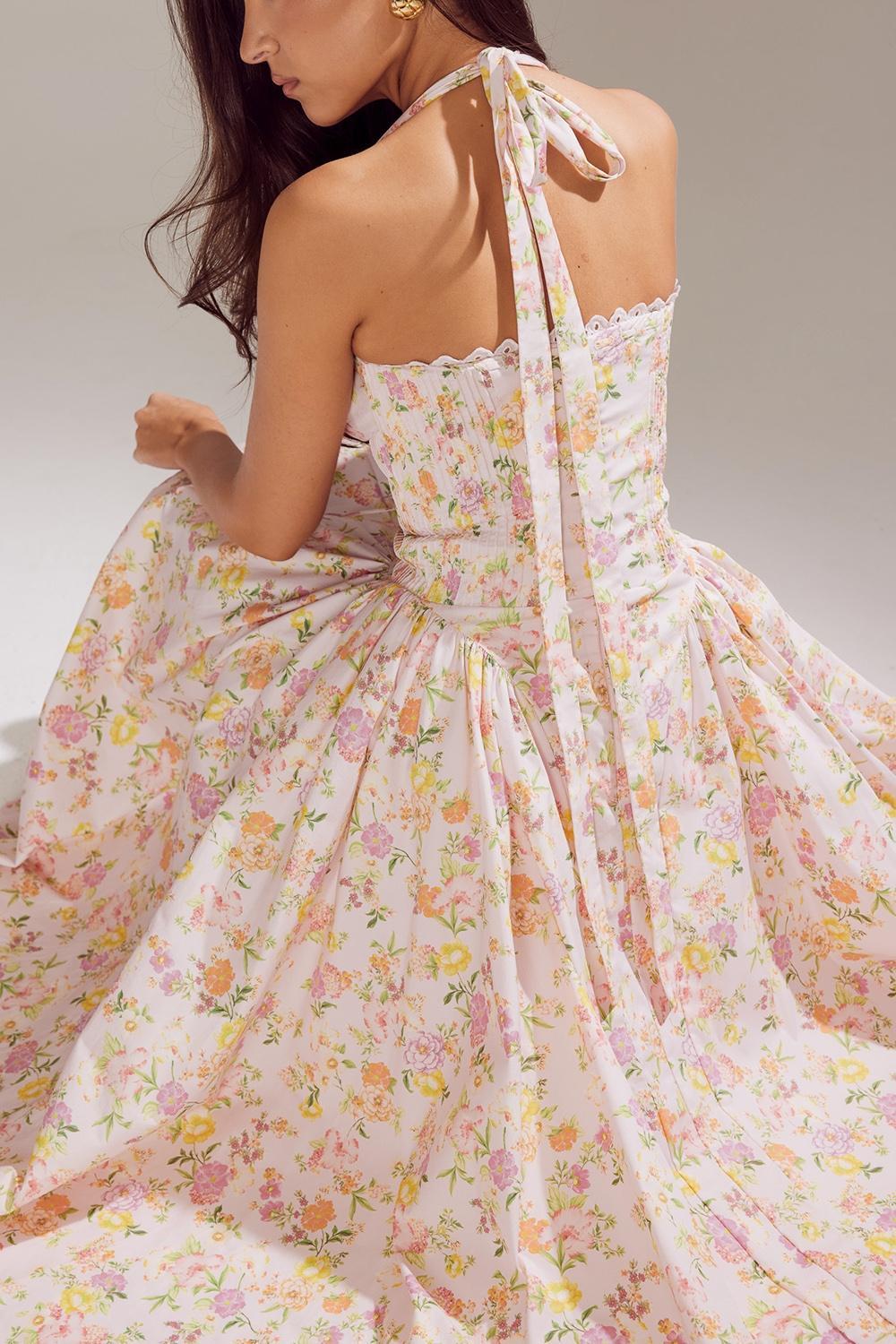 Adabella Pink Meadow Print Cotton Halter Midi Sundress Product Image