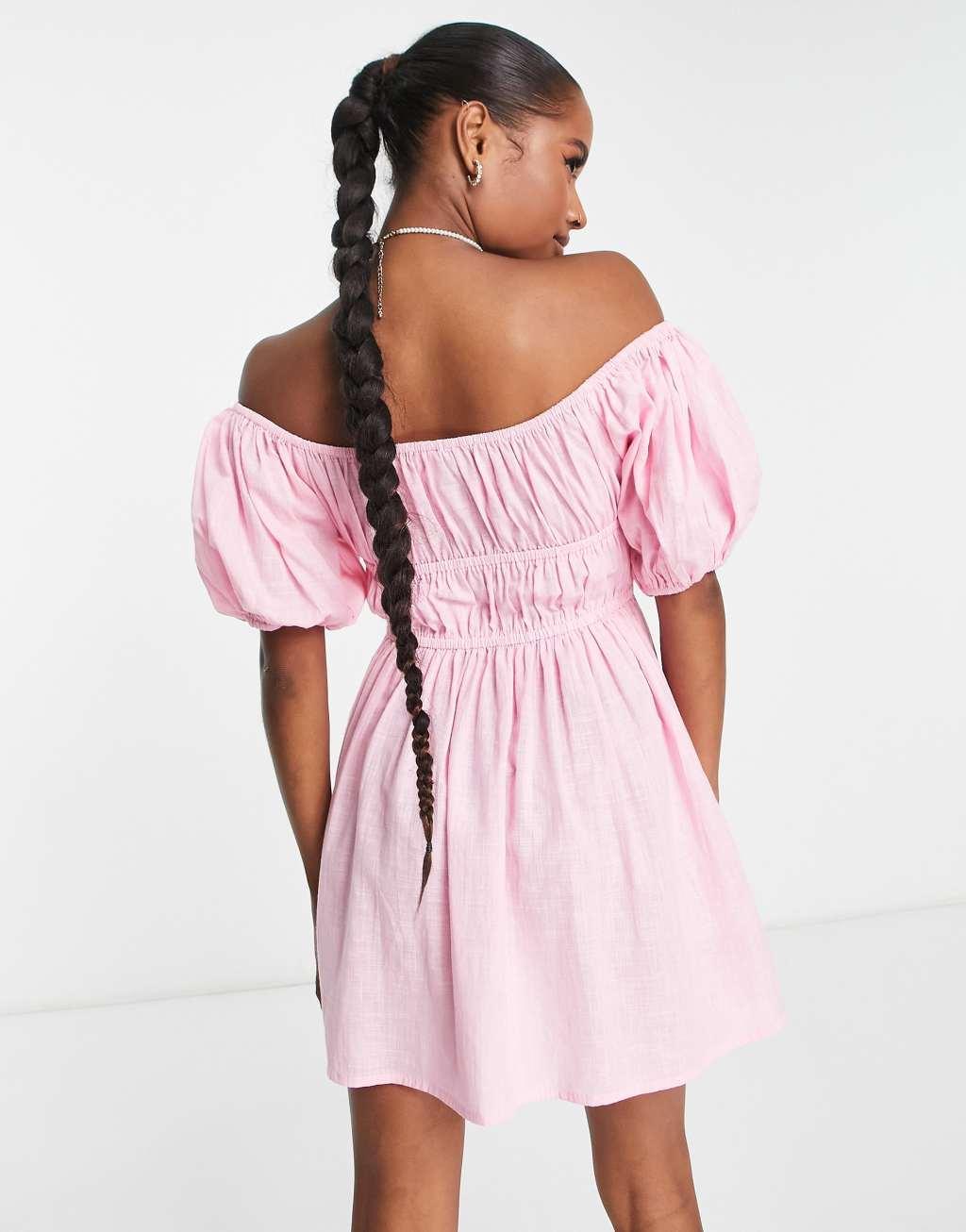 ASOS DESIGN petite off shoulder milkmaid beach dress in pink Product Image