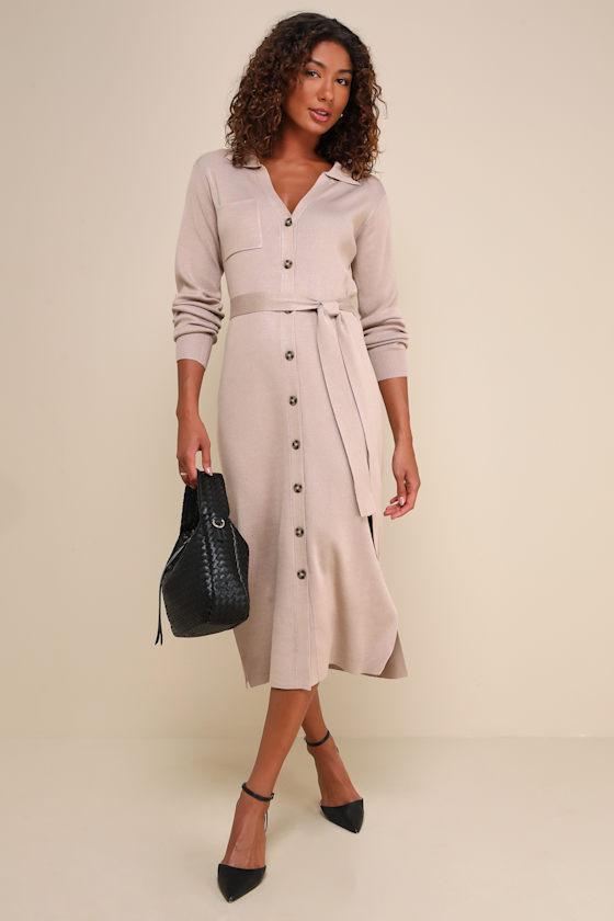 Charming Comfort Beige Collared Button-Up Sweater Dress product image