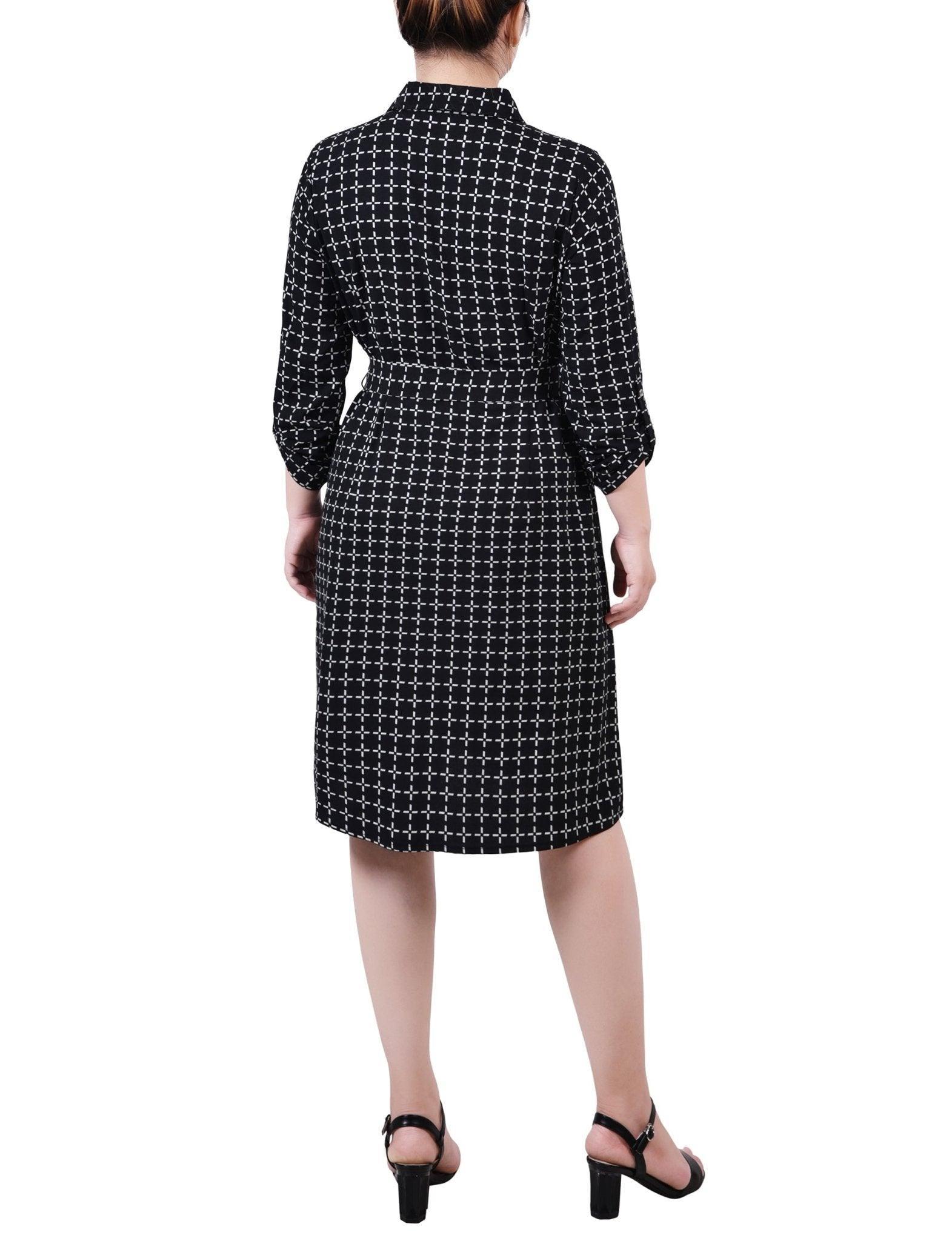 3/4 Length Roll Tab Sleeve Belted Shirtdress - Petite Product Image