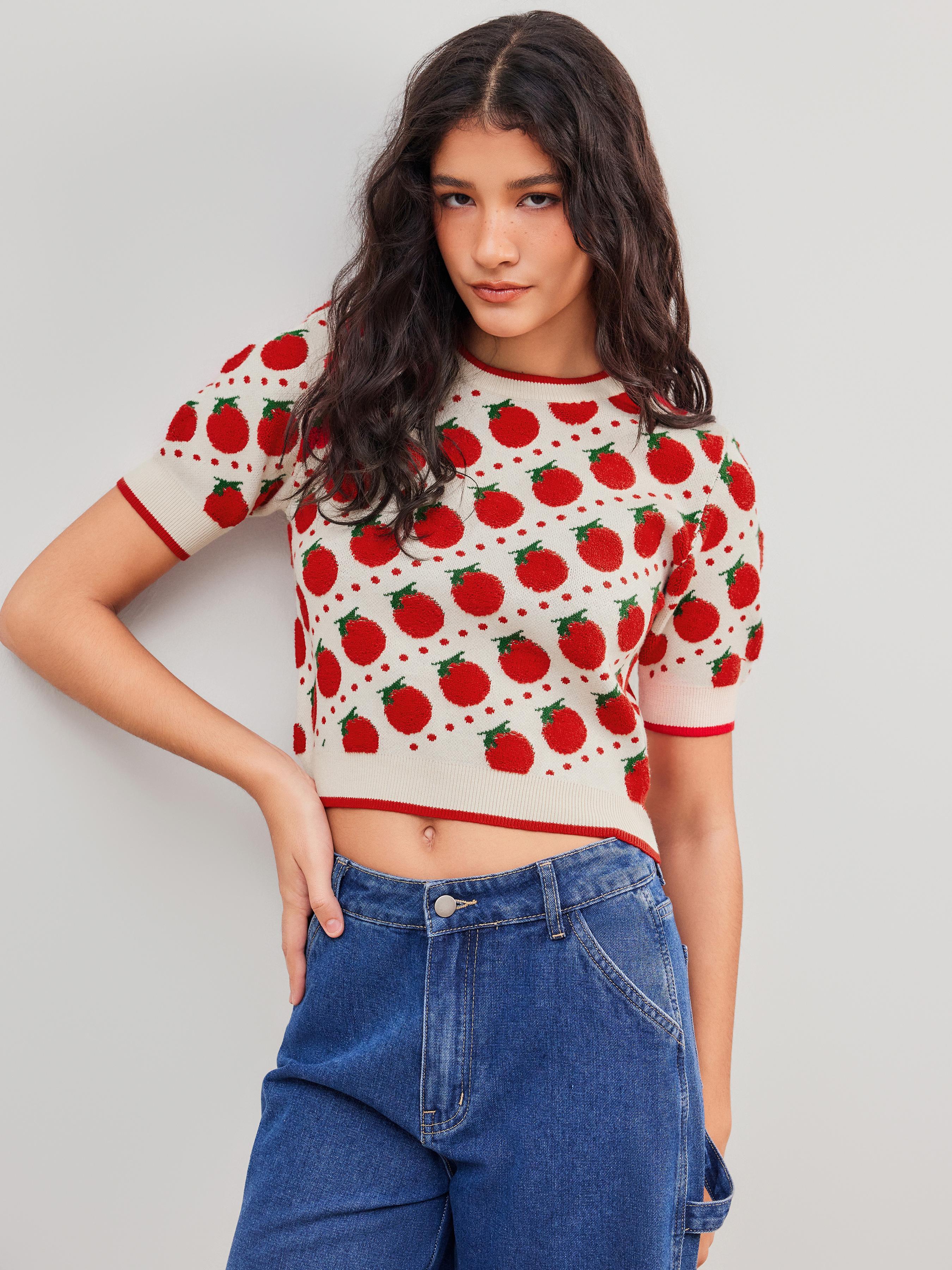 Knit Round Neck Tomato Graphic Contrasting Binding Crop Top Product Image