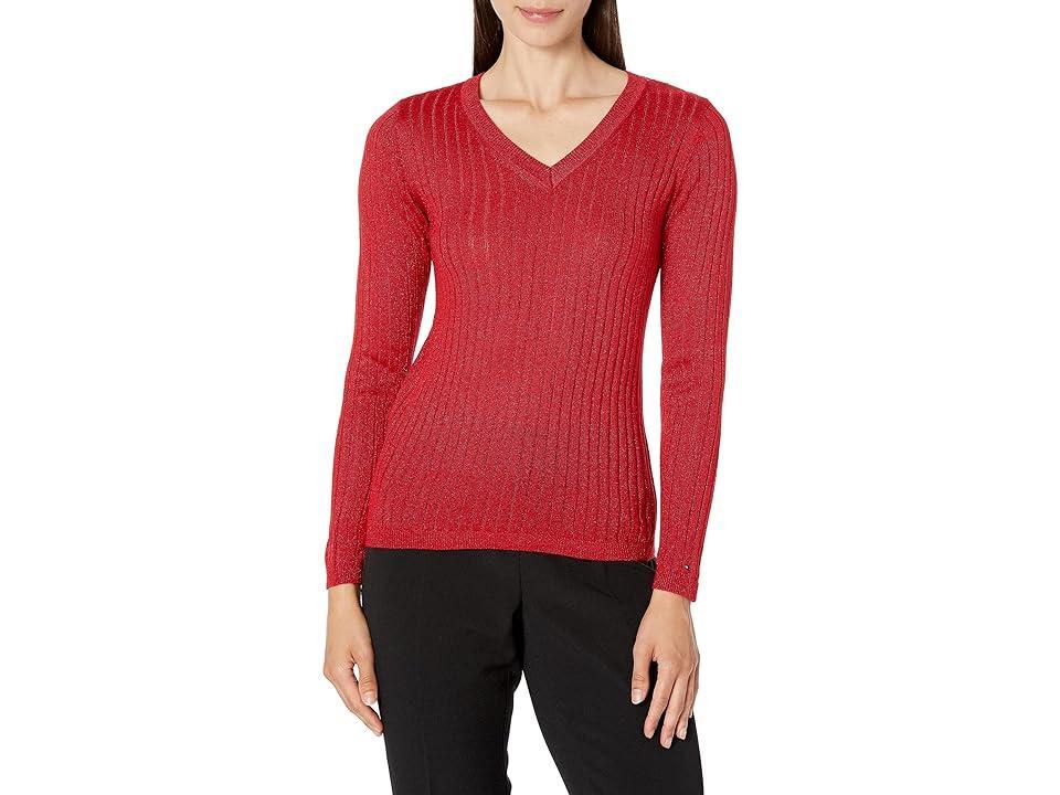 Tommy Hilfiger Lurex Rib V-Neck Sweater (Scarlet) Women's Sweater product image