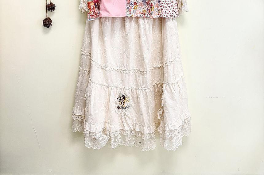 Elastic Waist Floral Embroidered Lace Panel Midi A-Line Skirt Product Image