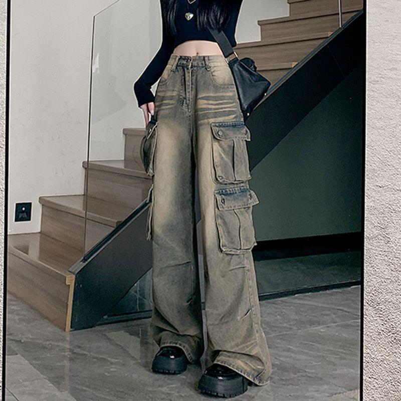 High Waist Washed Wide Leg Cargo Jeans Product Image