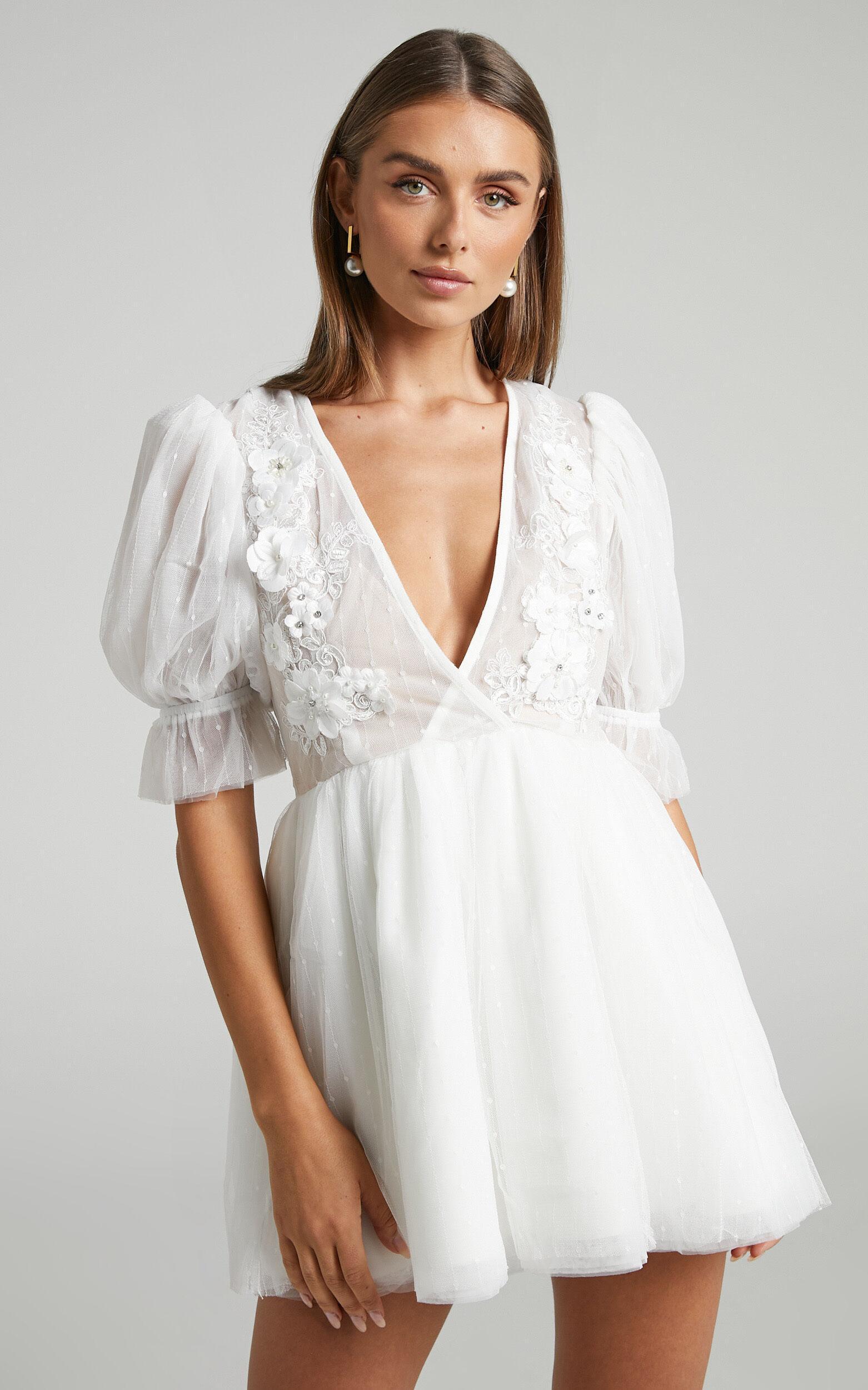 Akshia Mini Dress - Puff Sleeve Floral Detail Plunge Neck Dress in White Product Image