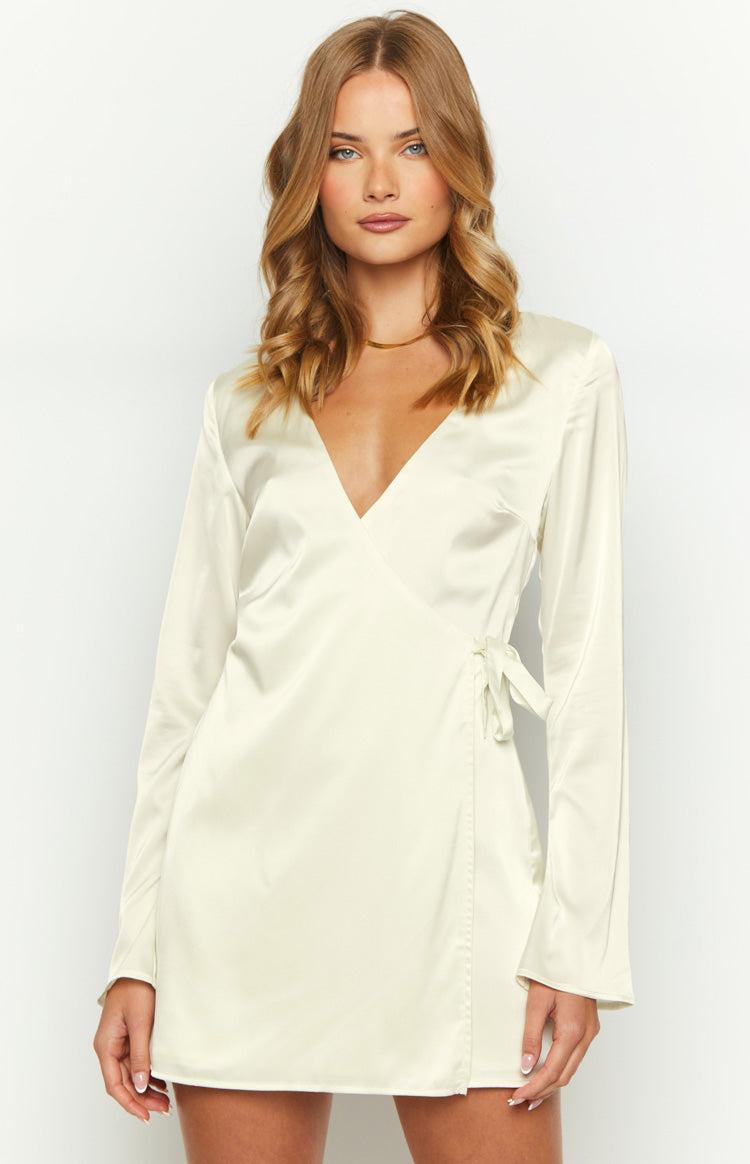 Kasya Cream Satin Long Sleeve Mini Dress Product Image