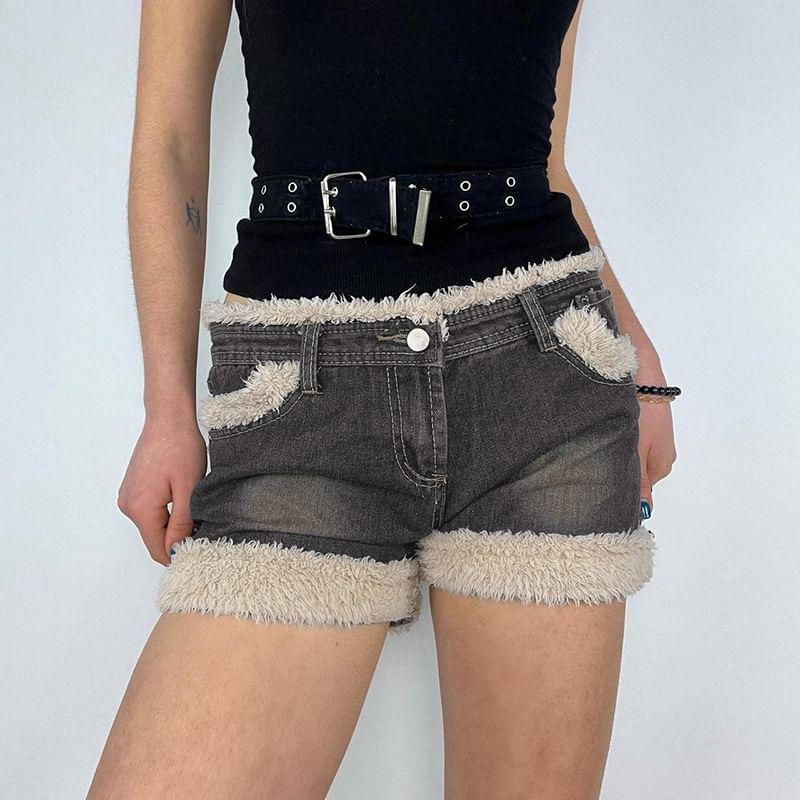 Low Waist Furry-Trim Mini Denim Shorts Product Image