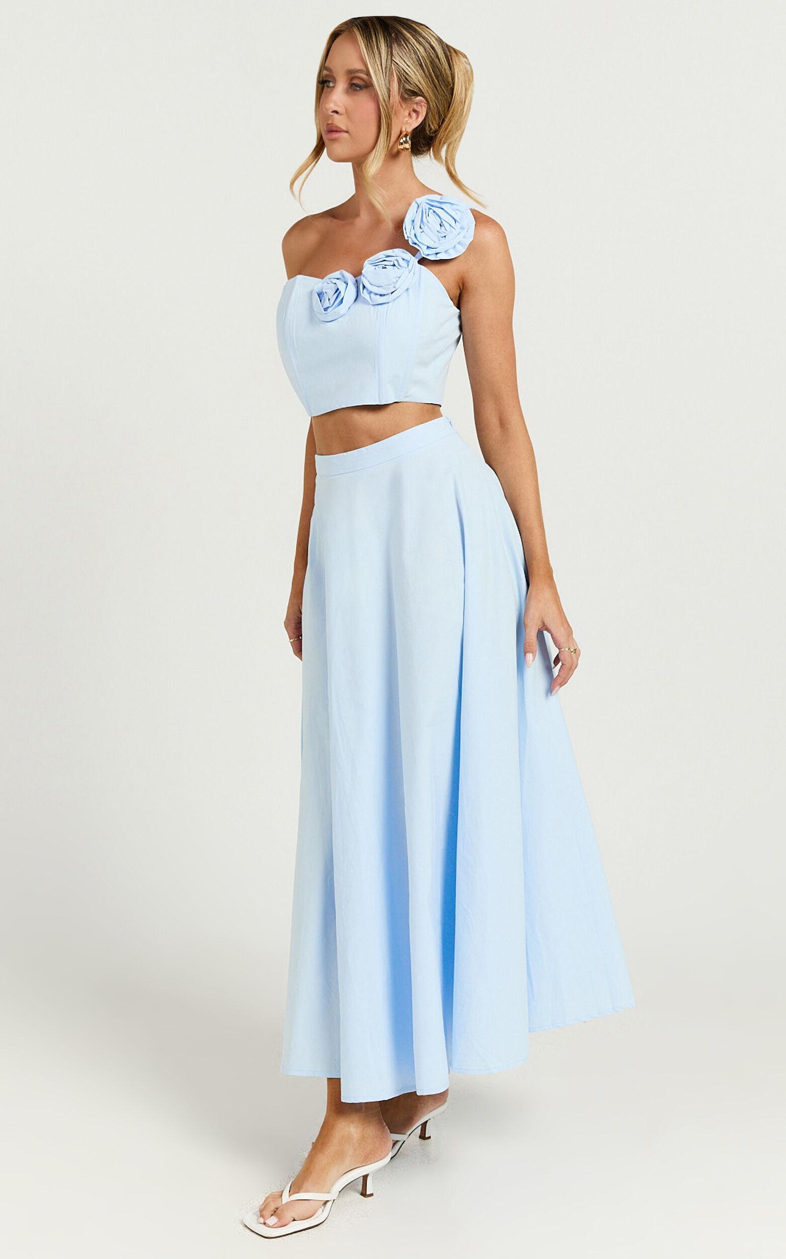 Claire Two Piece Set - One Shoulder Rosette Detail Crop Top And A Line Skirt Set in Powder Blue Product Image