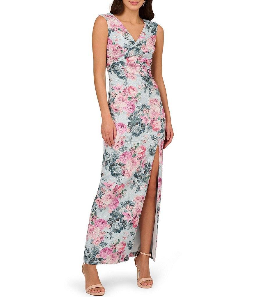 Adrianna Papell Floral Metallic Jacquard Surplice V-Neck Cap Sleeve Front Slit Gown Product Image