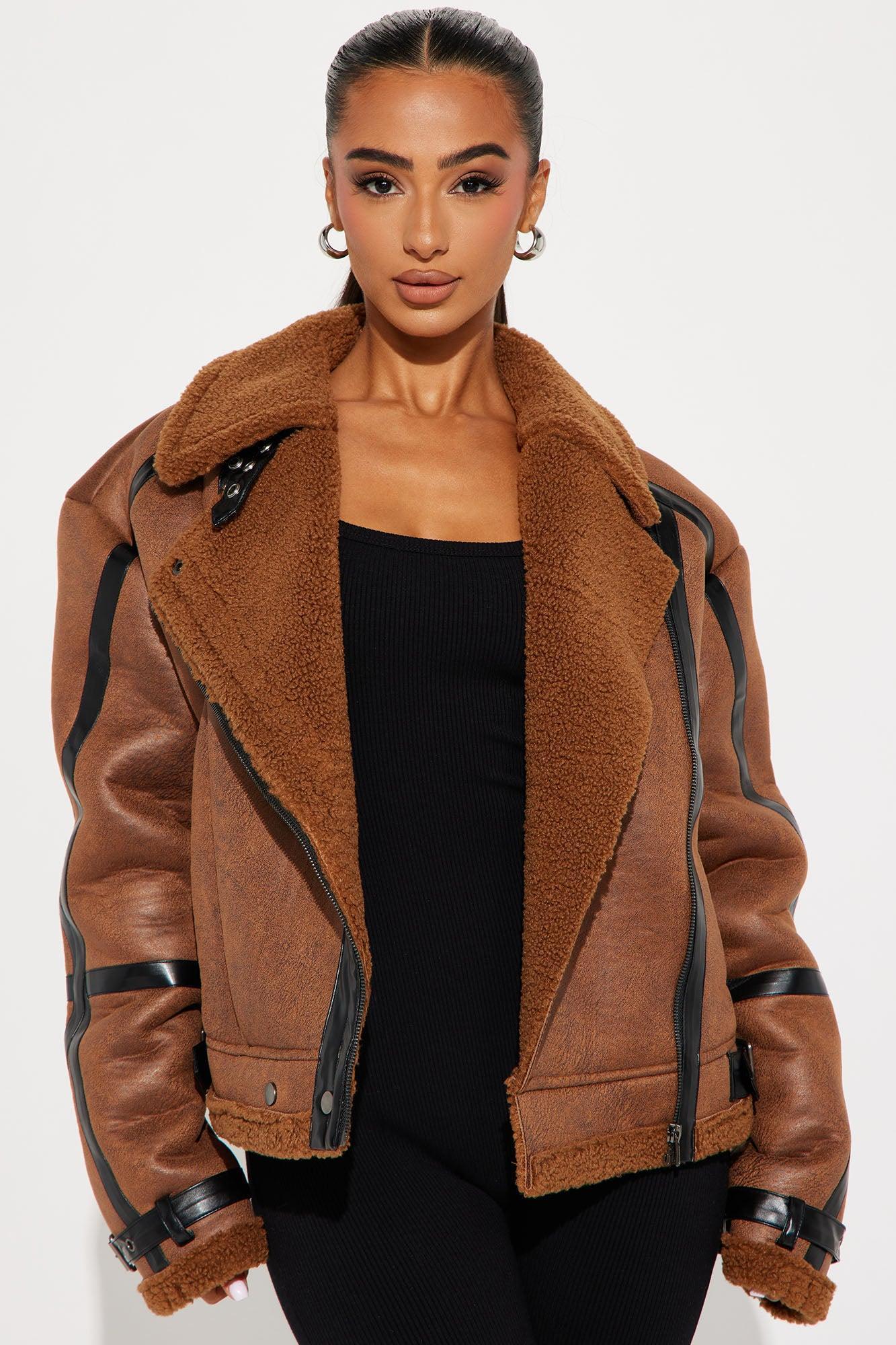 Sydney Faux Suede Oversized Moto Jacket - Cognac Product Image