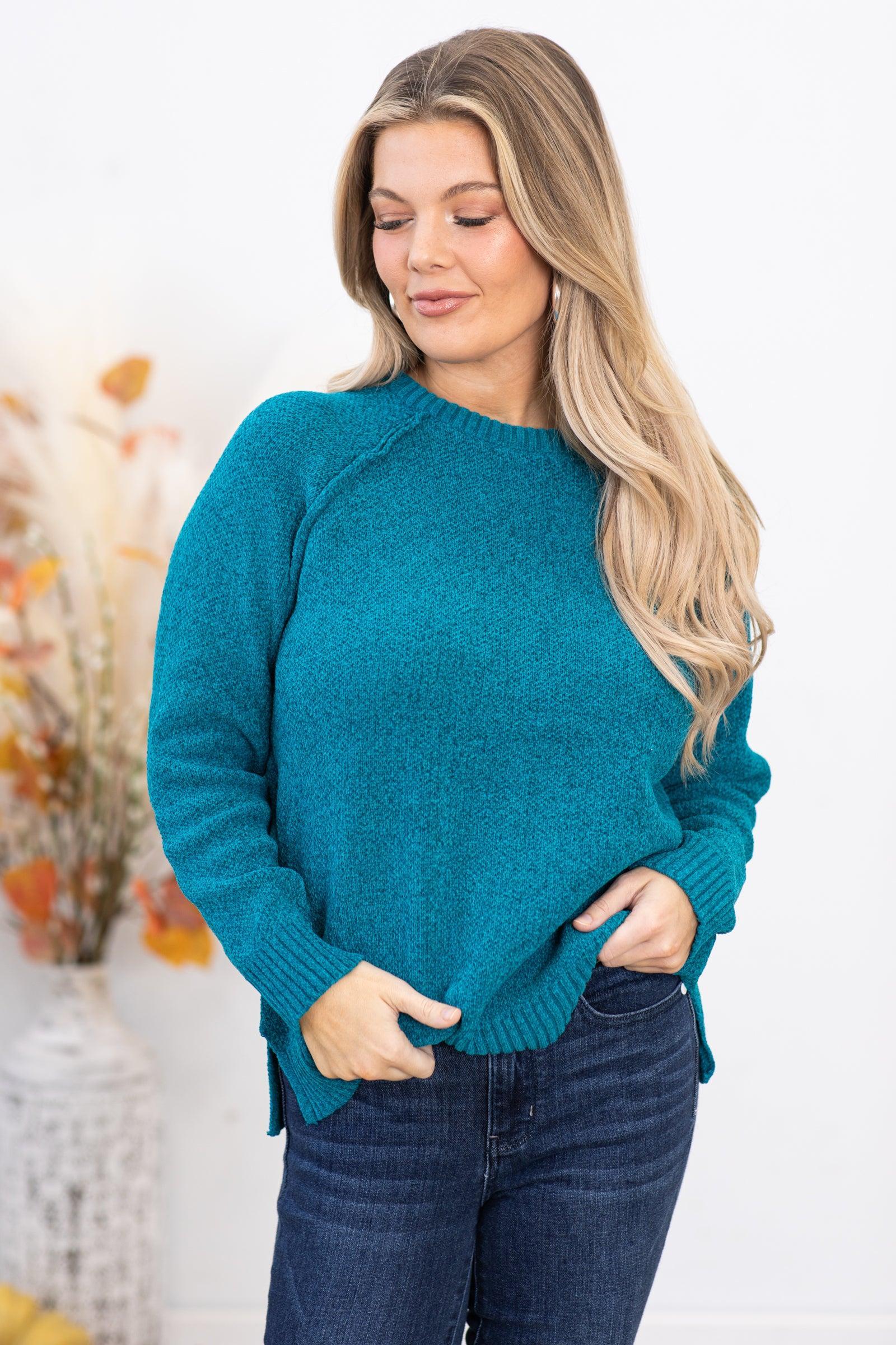 Teal Raglan Sleeve Chenille Sweater Product Image