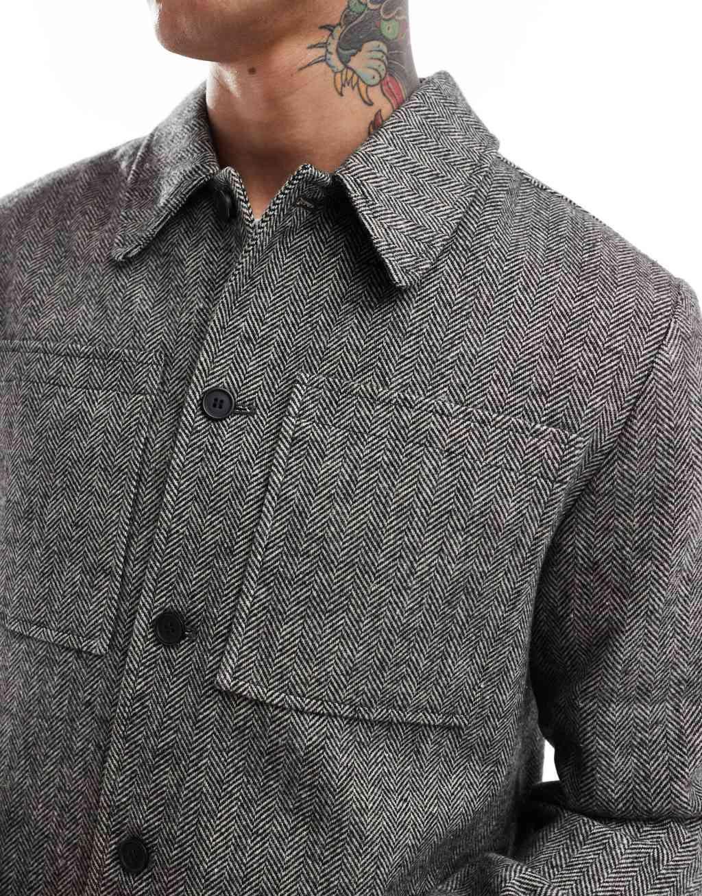 ASOS DESIGN herringbone wool look shacket in gray Product Image