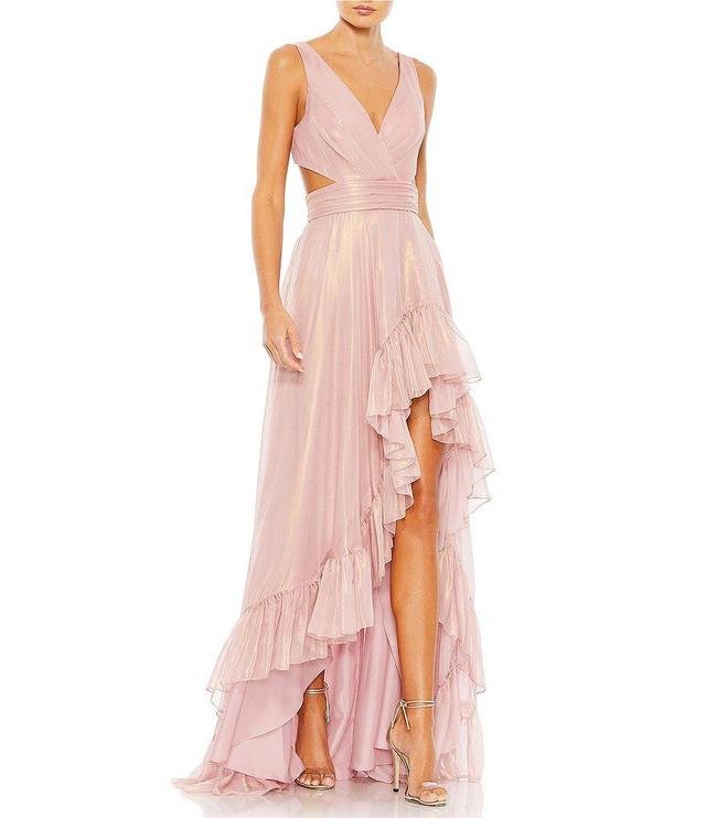 Mac Duggal Organza V-Neck Sleeveless Side Cutout Ruffle High Low Back Tie Gown Product Image