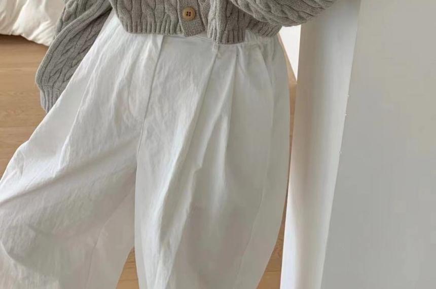 Puff Sleeve V-Neck Plain Loose-Fit Crop Cardigan Product Image