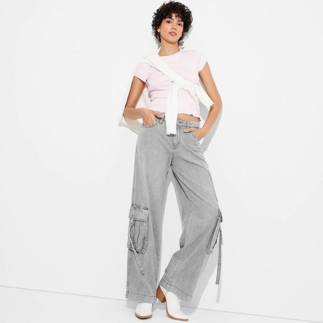 Womens Mid-Rise Wide Leg Cargo Baggy Pants - Wild Fable Gray Wash 10 Product Image