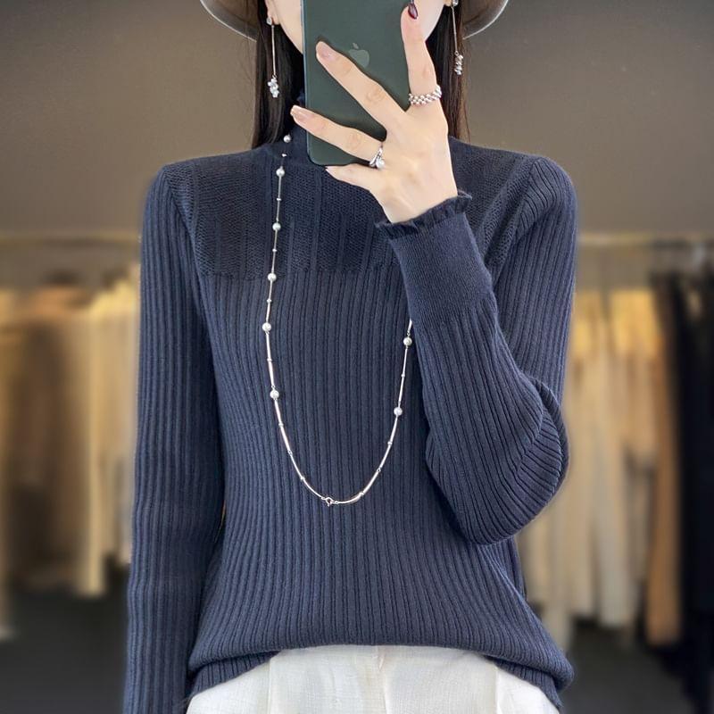 Long-Sleeve Mock Neck Plain Knit Top Product Image