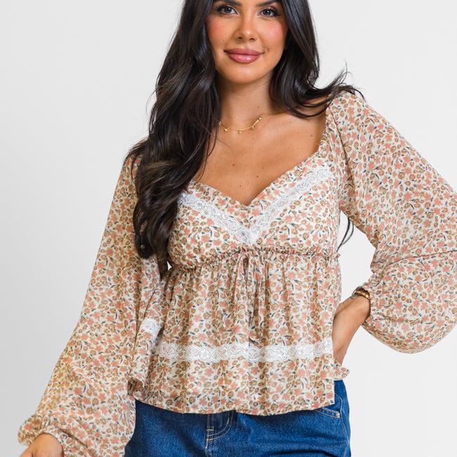 In My Dreams Ivory and Brown Lace Trim Floral Blouse FINAL SALE Product Image