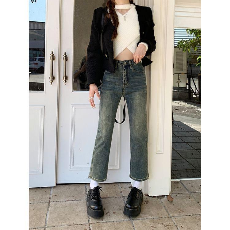 High Waist Washed Frayed Cropped Straight Leg Jeans Product Image