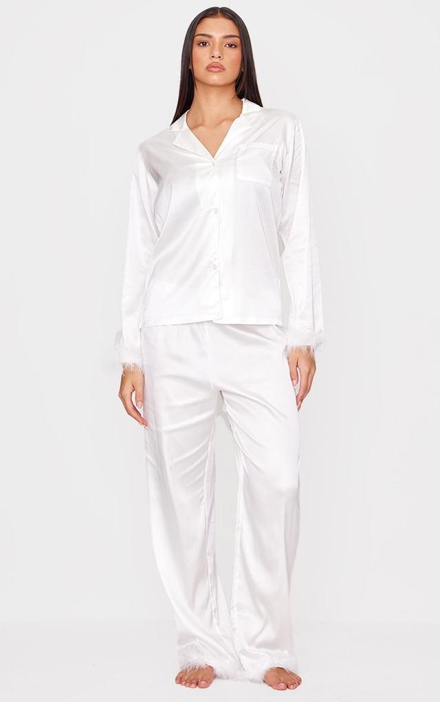 White Feather Trim Satin Long Pajama Set Product Image