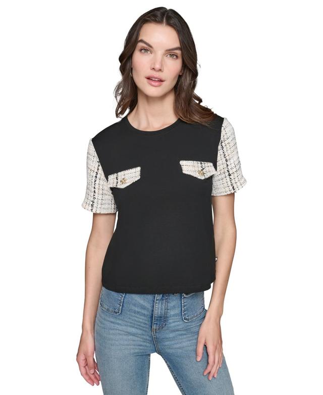 Karl Lagerfeld Paris Womens Short-Sleeve Tweed Pocket Top Product Image