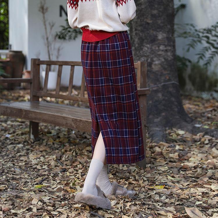 High Waist Plaid A-Line Midi Skirt Product Image