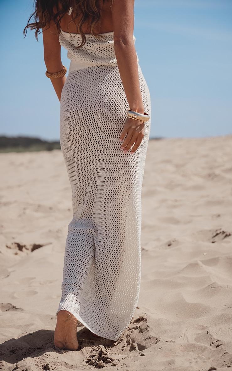 Cream Crochet Plain Knit Maxi Skirt Product Image