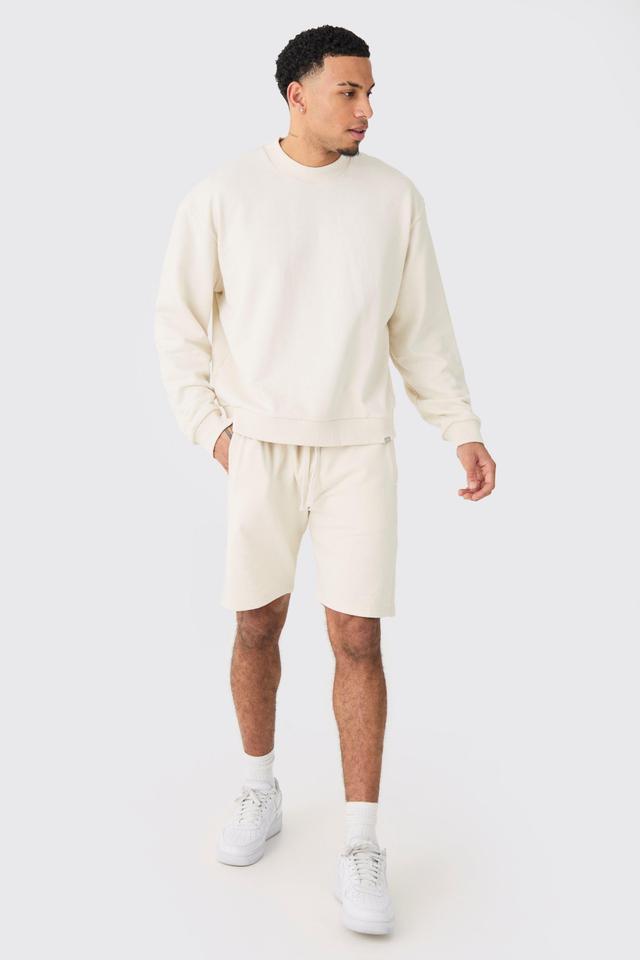 Mens Cream Oversized Extended Neck Heavy Sweatshirt Short Tracksuit, Cream Product Image