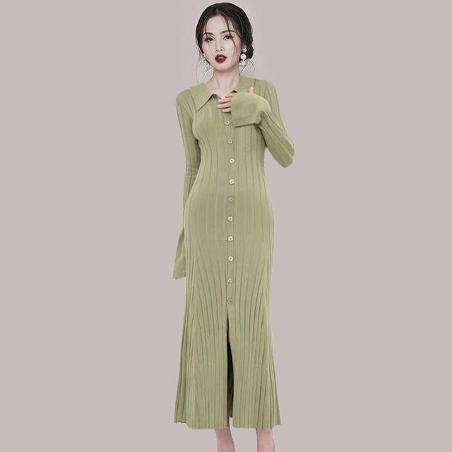 Long Sleeve Collared Plain Ribbed Knitted Midi Bodycon Dress Product Image