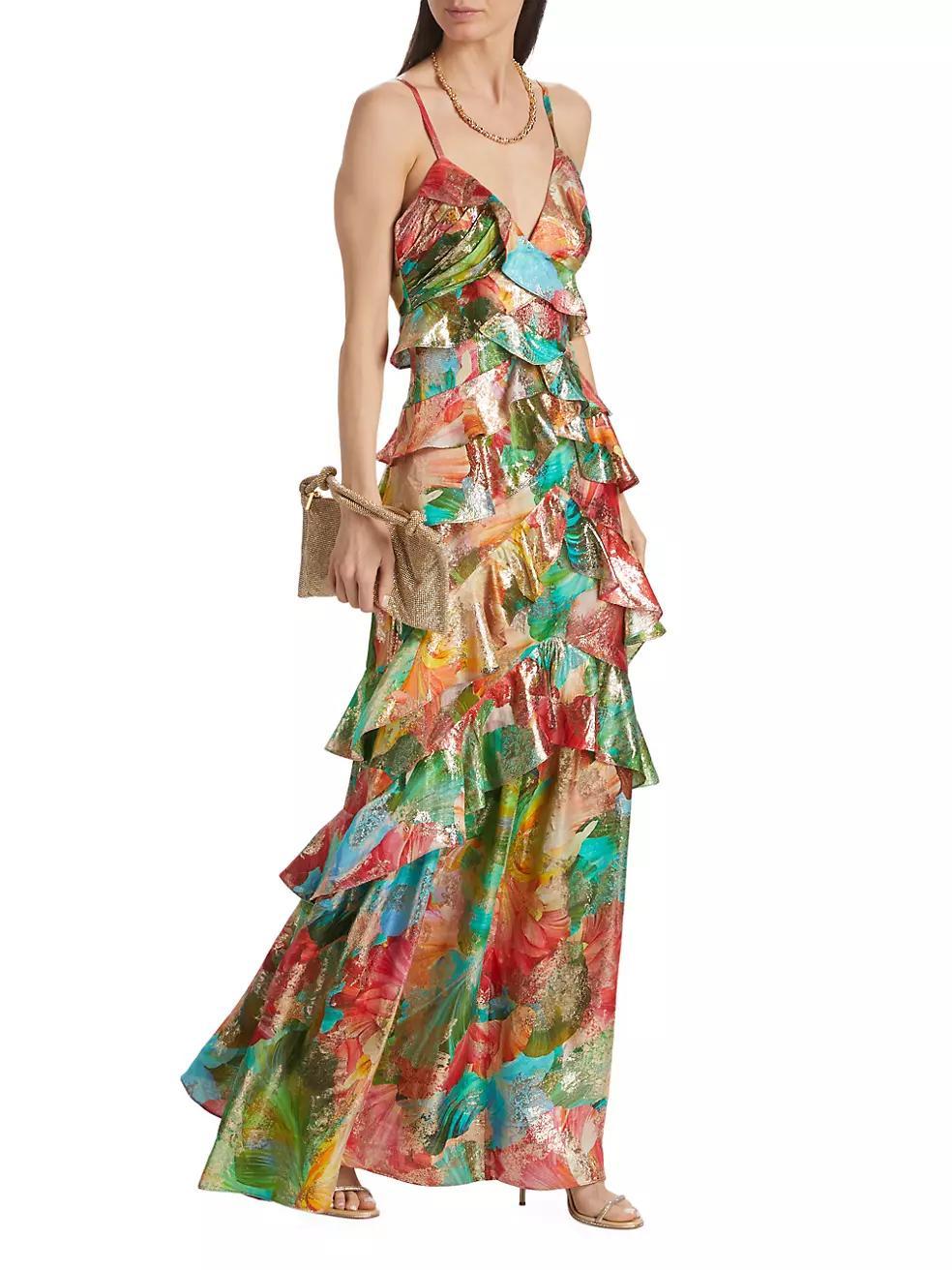 Harlen Floral Metallic Ruffled Gown Product Image